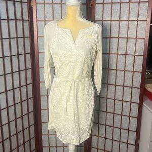 Tiny Off White Gorgeous Embroidered Bodice Boho Dress with Tie at Waist